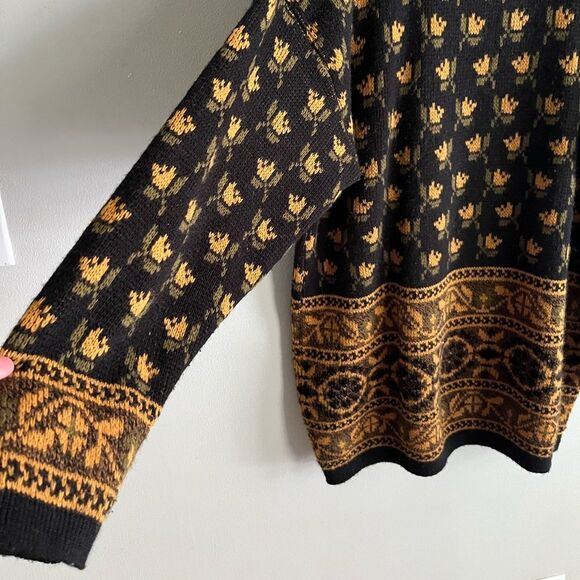 JP Collections Vintage Tulip Sweater L, Floral Knit, Black Mustard Pullover - Picture 3 of 9